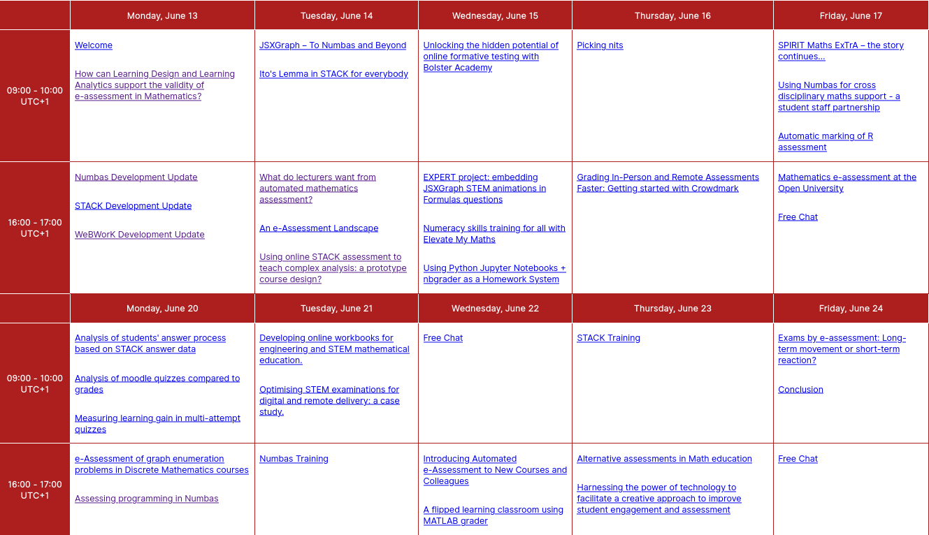 A table with headers on the horizontal axis for days, and on the vertical axis for morning/afternoon sessions. Each cell contains the titles of the talks, which are links.