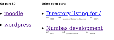 A webpage with two columns. The first lists "moodle" and "wordpress" under the heading "On port 80". The other has the header "Other open ports" and there are two list items. The first reads, "Directory listing for /", with port: 1535, cwd: ~/websites/checkmyworking.com, pid: 63072. The second reads, "Numbas development server", port: 8000, cwd: ~/numbas/editor, pid: 45650.